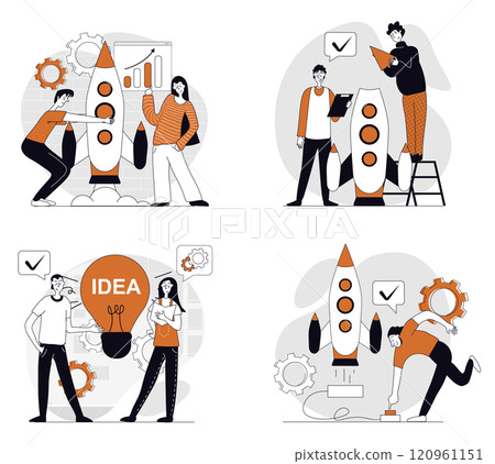 Business startup concept set in flat design for web. Collection with people working in team, brainstorming and planning process, launching new project, attracting investments. Vector illustrations. 120961151