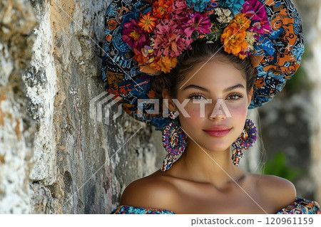 model poses gracefully rich traditional attire surrounded vibrant colors and intricate textures celebrating her heritage beautiful historic location sunny day. 120961159
