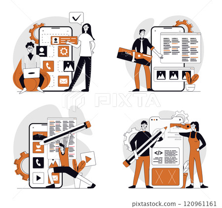 App development concept set in flat design for web. Collection with people programming wireframe mobile phone layouts with app buttons and elements, testing and coding templates. Vector illustrations. 120961161