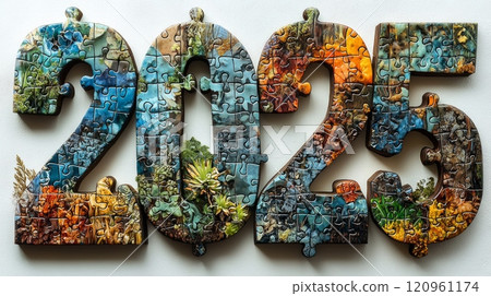 artwork illustrates year changing 2024 2025 using colorful puzzle pieces. piece represents unique aspects past year creating hopeful vision future. 120961174