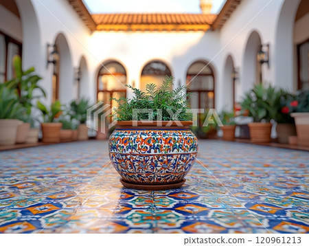 vibrant courtyard Moroccan riad showcases intricate tile work and lush greenery creating serene atmosphere bathed mid morning light. detail exudes cultural richness. vibrant courtyard Moroccan riad showcases intricate tile work and lush greenery creating serene atmosphere bathed mid morning light. detail exudes cultural richness. 120961213