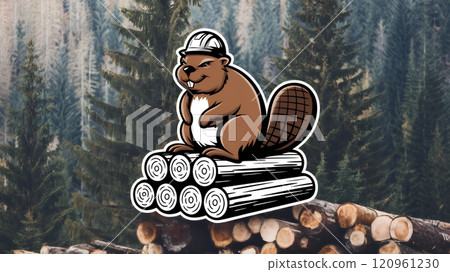 An illustration of logging business logo with a beaver sitting atop a stack of logs. 120961230