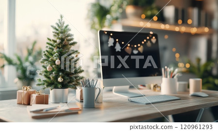 A Cozy Holiday Workspace Aesthetic with a Computer and a Mini Christmas Tree to Bring Joyous Festive Vibes 120961293