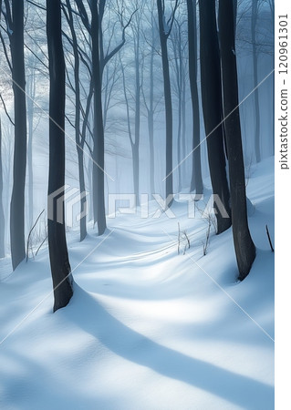 A Serene Winter Landscape Featuring a SnowCovered Pathway Nestled Within a Majestic and Tranquil Forest 120961301