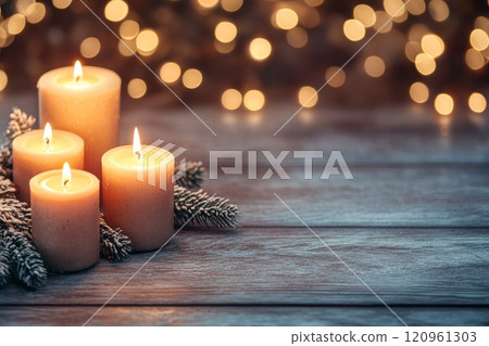 A Calming Holiday Scene featuring Softly Glowing Candles and Beautiful Pine Cones for a Cozy Atmosphere 120961303