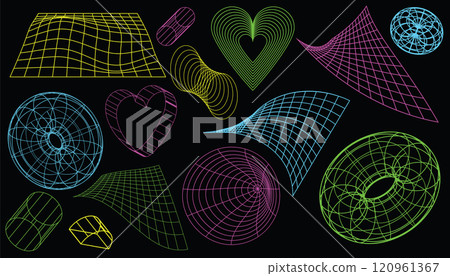 Geometric wireframe shapes and grids collection. Retro abstract neon elements in cyberpunk style. 120961367