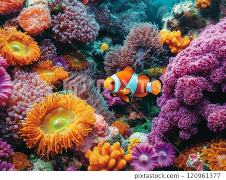 clownfish navigates colorful anemones thriving coral reef. diverse marine life showcases bright hues clear daylight highlighting richness underwater world. 120961377