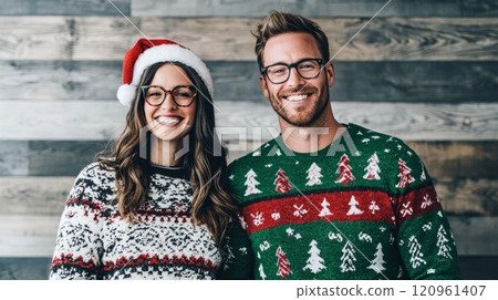 A Cheerful Holiday Couple is donned in Festive Sweaters and Santa Hats, spreading joy and cheer all around A Cheerful Holiday Couple is donned in Festive Sweaters and Santa Hats, spreading joy and cheer all around 120961407