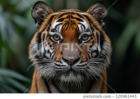 close up portrait features tiger jungle striking gaze directed camera. scene captures animal's strength and grace sunrise highlighting its natural beauty. 120961443