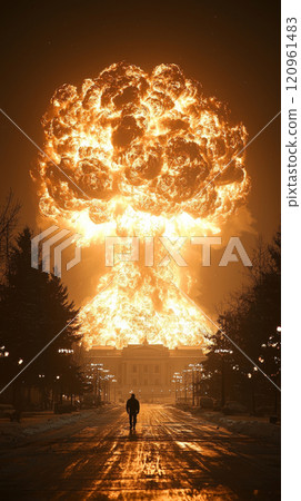 unique Christmas tree designed resemble nuclear explosion. bright colors fill winter night sky as figure walks street surrounded trees and lights. 120961483