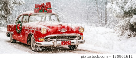 A beautiful vintage red car adorned with a wreath is showcased amid a stunning winter wonderland setting A beautiful vintage red car adorned with a wreath is showcased amid a stunning winter wonderland setting 120961611