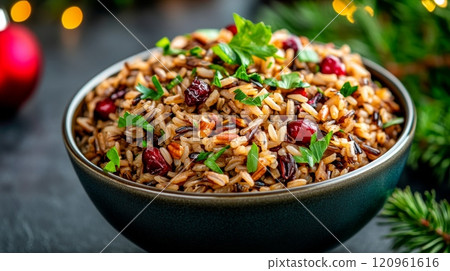 Delicious Festive Wild Rice Salad featuring fresh Red Berries and Green Peas, perfect for Holiday Celebrations Delicious Festive Wild Rice Salad featuring fresh Red Berries and Green Peas, perfect for Holiday Celebrations 120961616