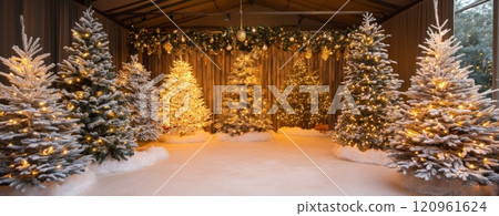 Winter wonderland with shiny golden lights garland decorated Christmas trees Winter wonderland with shiny golden lights garland decorated Christmas trees 120961624