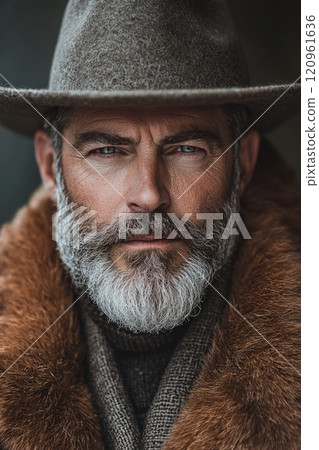 distinguished bearded man wears hat and holds pipe exuding sense individuality. vintage portrait features sepia tones and natural light capturing timeless elegance. 120961636
