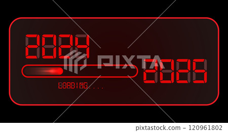 2025 Happy new year digital clock. 2024 loading to up 2025. Red led neon digital time style. Progress bar almost reaching new year eve. Vector illustration, red display isolated or black background 2025 Happy new year digital clock. 2024 loading to up 2025. Red led neon digital time style. Progress bar almost reaching new year eve. Vector illustration, red display isolated or black background 120961802