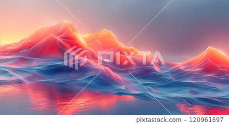 Abstract neon landscape: magical waves of light against the sunset 120961897