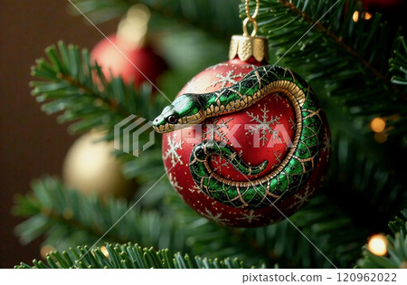 A close-up of a red Christmas ball with volumetric green snake design and snowflake patterns, hanging on lush fir branches, on the background blurred Christmas ornaments and lights A close-up of a red Christmas ball with volumetric green snake design and snowflake patterns, hanging on lush fir branches, on the background blurred Christmas ornaments and lights 120962022