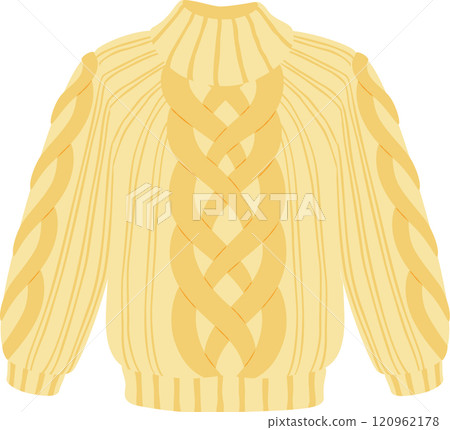 Warm and cozy yellow knitted sweater featuring a prominent cable knit design on the front and sleeves, along with a comfortable turtleneck, perfect for cold weather 120962178