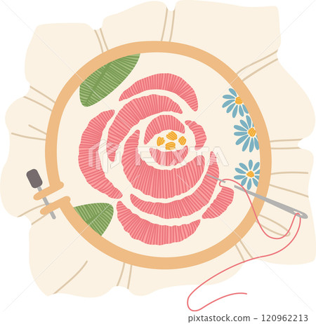 Needle and thread embroidering a pink rose and blue daisies on a circular hoop, showcasing the art of needlework and creating a beautiful floral design Needle and thread embroidering a pink rose and blue daisies on a circular hoop, showcasing the art of needlework and creating a beautiful floral design 120962213