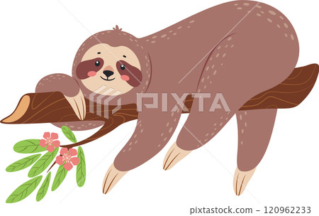 Adorable cartoon sloth hanging upside down on a tree branch adorned with pink flowers and green leaves, embodying a peaceful existence in the rainforest 120962233