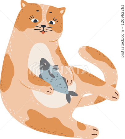 Adorable ginger cat joyfully embracing a freshly caught fish, creating a heartwarming scene filled with pet affection and the joy of nourishment in a playful moment 120962263