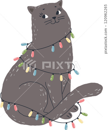 Playful gray cat, wrapped in colorful christmas lights, sits with a cheerful smile, radiating a cozy and festive holiday spirit that brings warmth to winter celebrations 120962265