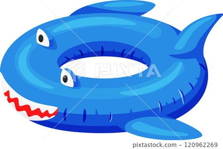 Inflatable shark shaped swimming ring floating on white background represents summer fun, pool parties, and beach vacations, offering safety and enjoyment for water activities 120962269