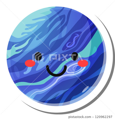 Cartoon drawing of a smiling blue planet with rosy cheeks, representing happiness, joy, and positive emotions associated with earth and environmental awareness 120962297