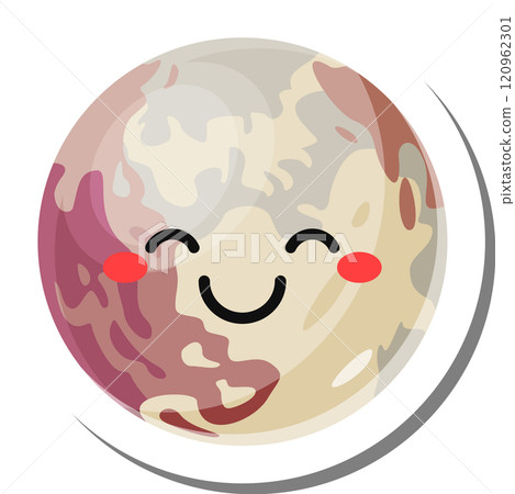 Pluto, a dwarf planet in the kuiper belt, is depicted with a charming smile, rosy cheeks, and closed eyes, creating a kawaii and friendly representation of the celestial body 120962301