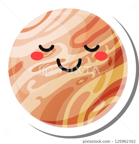Jupiter planet cartoon character sleeping peacefully with closed eyes and a cheerful smile, offering a fun and engaging illustration for children s astronomy education, isolated on white background 120962302