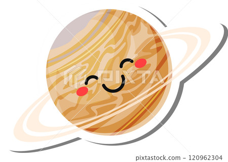 Jupiter, the largest planet in the solar system, smiling with pink cheeks and surrounded by its iconic rings, creates a cheerful and educational kawaii illustration 120962304