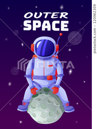 Astronaut is riding an asteroid in the vast expanse of outer space, surrounded by distant planets and twinkling stars, creating a sense of wonder and adventure 120962309