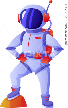 Cartoon illustration of astronaut wearing spacesuit with oxygen backpack standing on mars surface posing with hands on hips, showing confidence and determination in space exploration 120962311