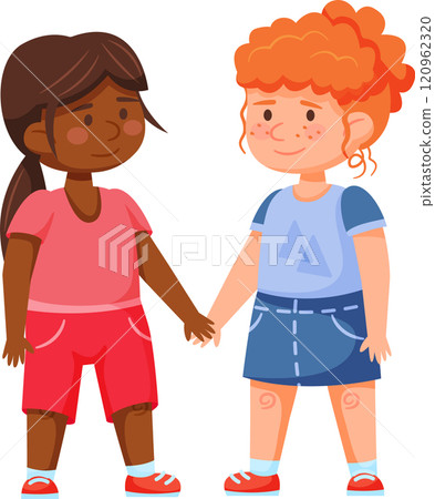 Two young girls, one african american and one caucasian with red hair and freckles, stand side by side holding hands, smiling and demonstrating interracial friendship and unity Two young girls, one african american and one caucasian with red hair and freckles, stand side by side holding hands, smiling and demonstrating interracial friendship and unity 120962320