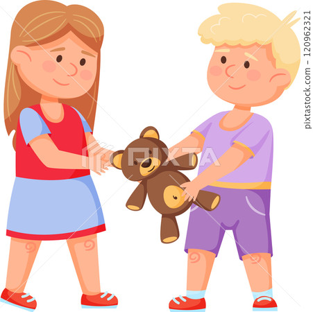 Girl giving her teddy bear to a boy, illustrating the values of sharing, friendship, kindness, and generosity among children, fostering emotional intelligence and social skills Girl giving her teddy bear to a boy, illustrating the values of sharing, friendship, kindness, and generosity among children, fostering emotional intelligence and social skills 120962321