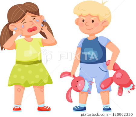 Little girl is crying and wiping tears, while boy is holding two halves of a broken toy rabbit, bad boy behavior, conflict between children, bullying at playground 120962330