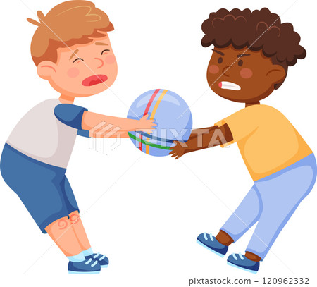 Two children fighting over a ball, one crying while the other displays anger, illustrating themes of bullying and racism in a playground setting. Conflict and emotions are evident Two children fighting over a ball, one crying while the other displays anger, illustrating themes of bullying and racism in a playground setting. Conflict and emotions are evident 120962332