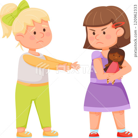 Selfish little girl is refusing to share her doll with her sad friend, showcasing a typical childhood conflict related to sharing and possession Selfish little girl is refusing to share her doll with her sad friend, showcasing a typical childhood conflict related to sharing and possession 120962333