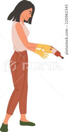 Young woman wearing gloves is holding a glass bottle, sorting waste for recycling, promoting environmental awareness and responsible waste management practices Young woman wearing gloves is holding a glass bottle, sorting waste for recycling, promoting environmental awareness and responsible waste management practices 120962345