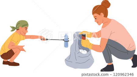 Volunteers collecting garbage using grabber tools, engaging in environmental cleanup efforts while fostering community involvement and promoting teamwork for a healthier planet 120962346