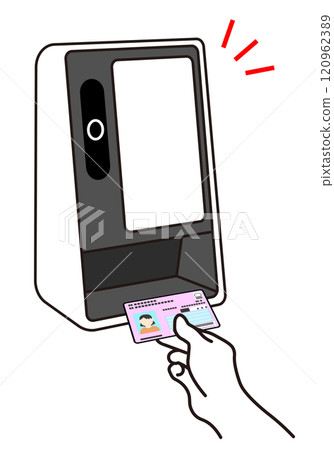 Illustration of a person holding his/her health insurance card over a machine Illustration of a person holding his/her health insurance card over a machine 120962389
