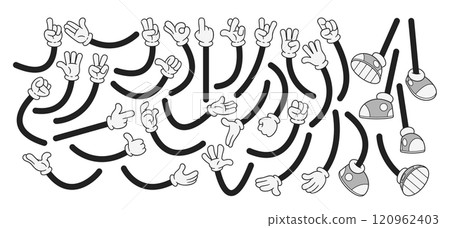 Retro cartoon feet and hands comic doodles in different poses, gestures and actions isolated set Retro cartoon feet and hands comic doodles in different poses, gestures and actions isolated set 120962403
