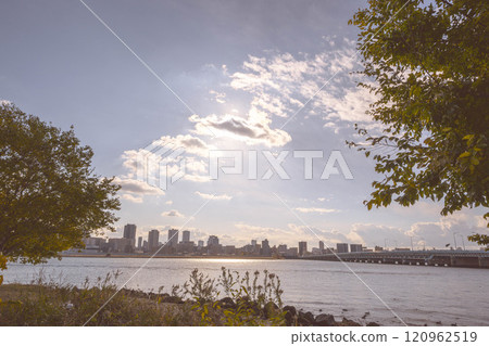View of Umeda skyscrapers from the Yodo River riverbed in Osaka 120962519