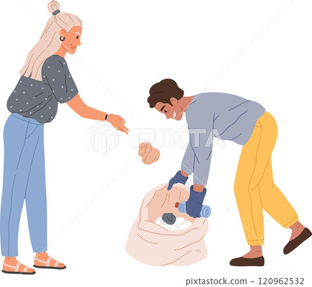 Volunteers wearing gloves are collecting trash and putting it into garbage bag, working together to clean up environment and protect planet from pollution 120962532