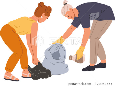 Two volunteers wearing gloves are collecting trash and plastic bottles in garbage bags, working together to clean up the environment and protect nature Two volunteers wearing gloves are collecting trash and plastic bottles in garbage bags, working together to clean up the environment and protect nature 120962533