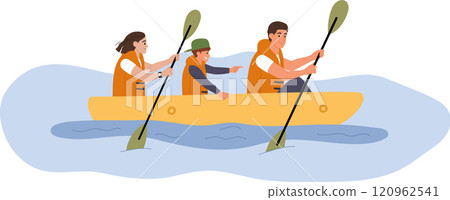 Happy family wearing life jackets are paddling a canoe on a lake, enjoying their summer vacation together, promoting water safety and family bonding Happy family wearing life jackets are paddling a canoe on a lake, enjoying their summer vacation together, promoting water safety and family bonding 120962541