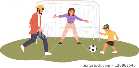 Father and mother playing soccer with their son in a sunny park, enjoying fun moments and exercising together near the goal, creating joyful memories as a family Father and mother playing soccer with their son in a sunny park, enjoying fun moments and exercising together near the goal, creating joyful memories as a family 120962543