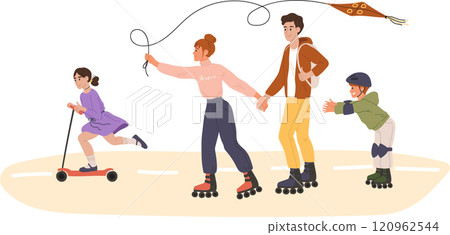Parents holding hands and roller skating with their children, daughter riding a scooter and son learning to roller skate, mother flying a kite, family enjoying time together on a sunny day Parents holding hands and roller skating with their children, daughter riding a scooter and son learning to roller skate, mother flying a kite, family enjoying time together on a sunny day 120962544