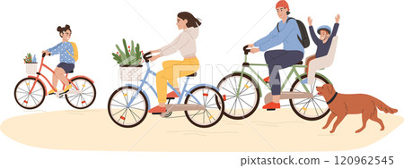Happy family riding bicycles in the park with children and a golden retriever, enjoying active outdoor moments, embracing togetherness and the joys of a healthy lifestyle Happy family riding bicycles in the park with children and a golden retriever, enjoying active outdoor moments, embracing togetherness and the joys of a healthy lifestyle 120962545