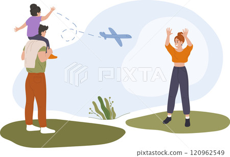 Family waving goodbye to departing airplane, mother raising hands and child sitting on father s shoulders watching plane flying away, concept of travel and family vacation Family waving goodbye to departing airplane, mother raising hands and child sitting on father s shoulders watching plane flying away, concept of travel and family vacation 120962549